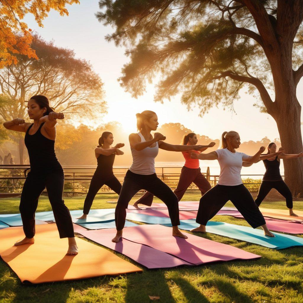A dynamic scene depicting diverse martial artists of different ages practicing together in a park, showcasing various martial arts styles. Include elements of fitness like yoga mats, weights, and activewear, and emphasize a sense of community with people laughing and encouraging each other. Add imagery of self-defense movements and techniques being demonstrated. Capture a sunrise in the background to symbolize new beginnings and personal growth. vibrant colors. super-realistic.