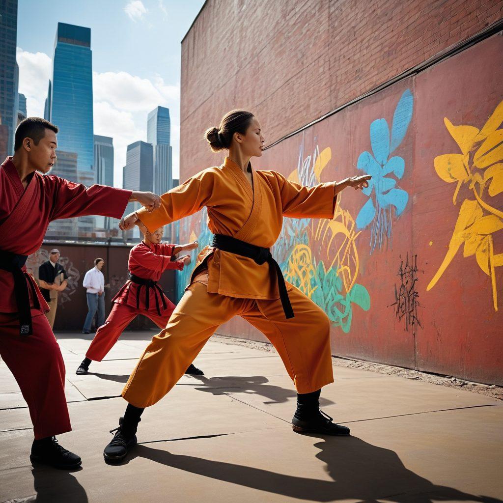 A dynamic martial arts scene showcasing a diverse group of practitioners in various self-defense poses, demonstrating focus and discipline. The background features a blend of traditional martial arts elements with a modern urban environment, symbolizing the fusion of ancient techniques and contemporary practice. Incorporate vibrant colors to capture energy and intensity. super-realistic. vibrant colors. urban background.